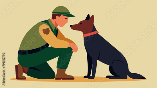 Inseparable Companions An illustration of a soldier and their war dog sharing a moment of camaraderie and friendship representing the strong bond. Vector illustration
