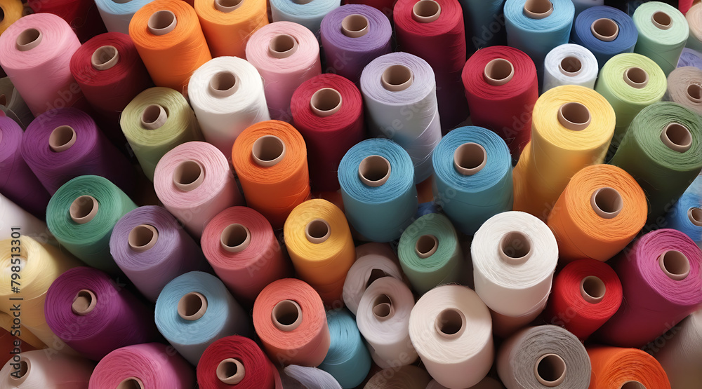 Thread rolls filled in seamless background with colorful cotton threads of all colors, wide perspective wallpaper style, threads Thread rolls filled in seamless background with colorful cotton threads of all colors, wide perspective wallpaper style, threads