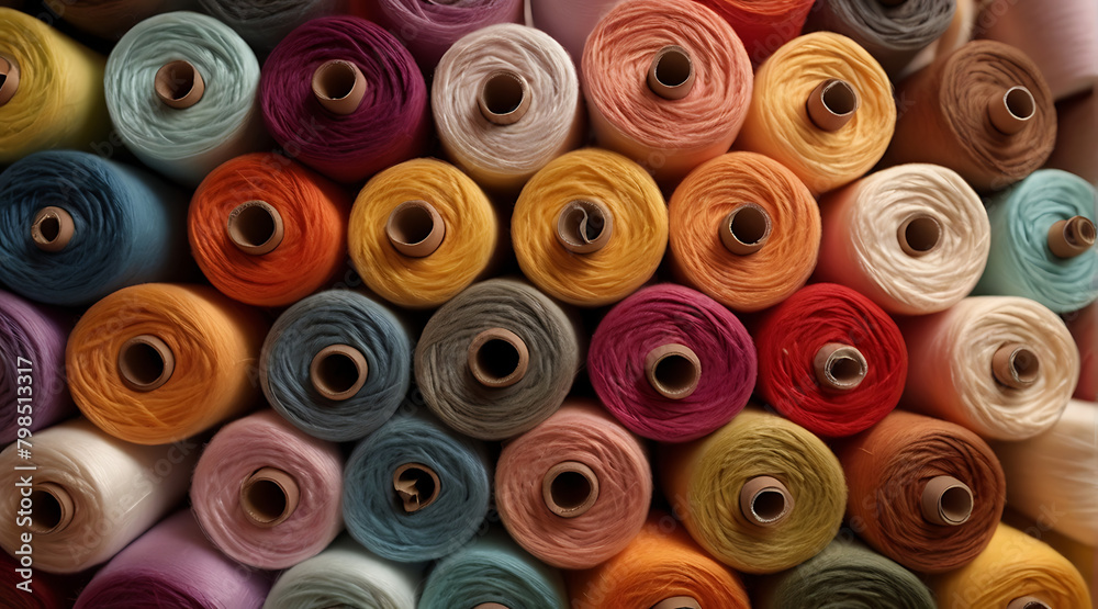 Thread rolls filled in seamless background with colorful cotton threads of all colors, wide perspective wallpaper style, aligned Thread rolls filled in seamless background with colorful cotton threads of all colors, wide perspective wallpaper style, aligned