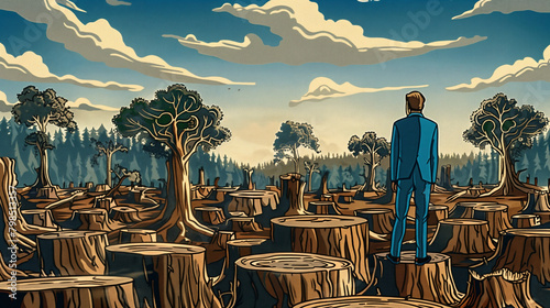 
completely harvested forest, hundreds of tree stumps, hills, Europe, suited short brown hair politician in blue suit standing on the tree stump, comic book style photo