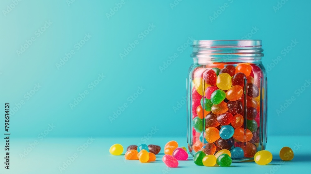 Jelly candies in a jar and scattered on an AI generated blue background Jelly candies in a jar and scattered on an AI generated blue background