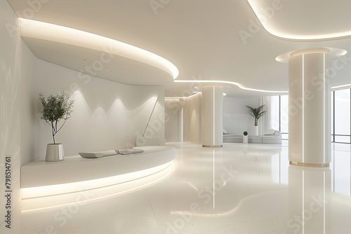 Spacious  Clean Business Environment Background with Modern Furniture and White Lighting