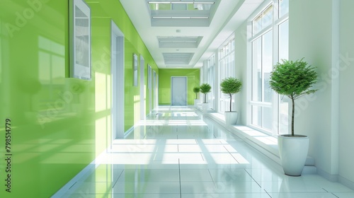 Building interior with bright modern empty white hallway with green walls.