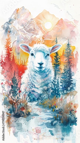 Serene and vibrant watercolor, cute sheep in the mountains, bright pastels, hand drawn 
