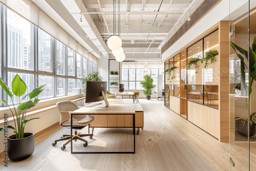 Serene Spaces: Clean Minimalist Office Aesthetics with Neutral Color Palette and Open Layouts