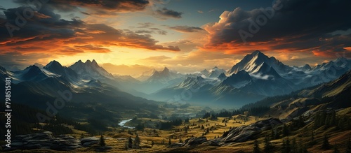 Mountain landscape at sunset. Panoramic view of the mountains. Sunset Mountain Majesty