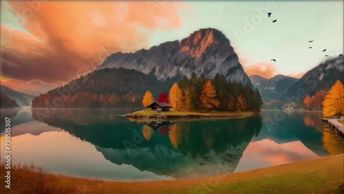 Vibrant sunrise painting the sky over the tranquil lake waters photo