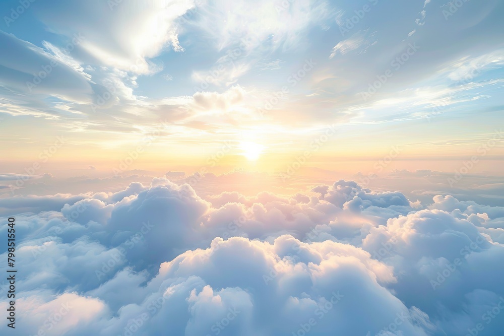 Daybreak Above Clouds: Tranquil Sunlight & Serene Landscape Aerial View