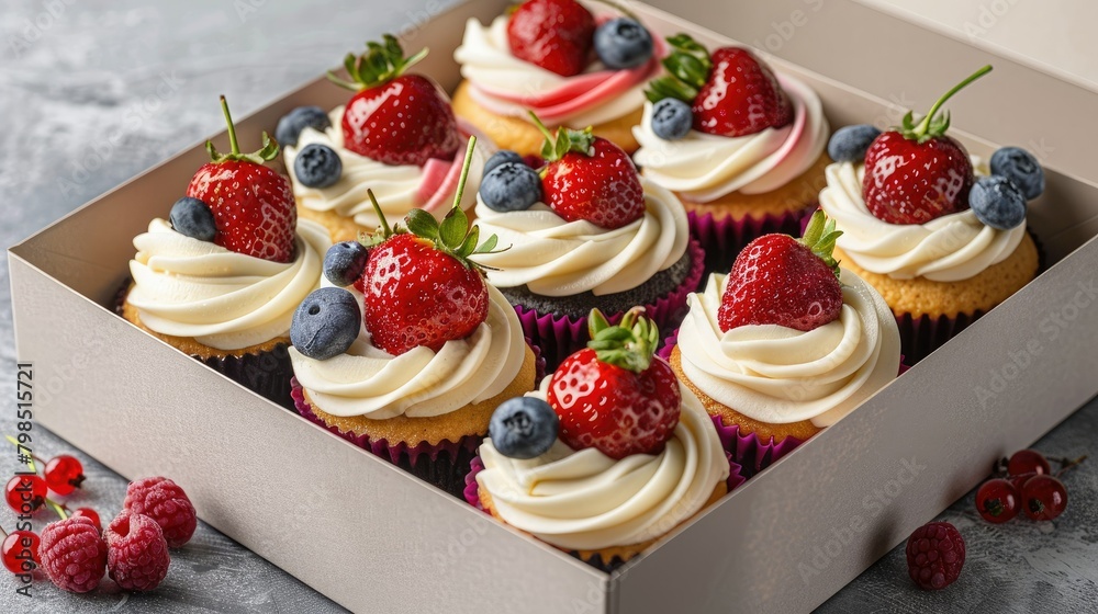 Indulge in a delightful gift box filled with fruit themed cupcakes featuring a delicious blend of strawberry and blueberry flavors This festive packaging is perfect for celebrating Mother s Indulge in a delightful gift box filled with fruit themed cupcakes featuring a delicious blend of strawberry and blueberry flavors This festive packaging is perfect for celebrating Mother s