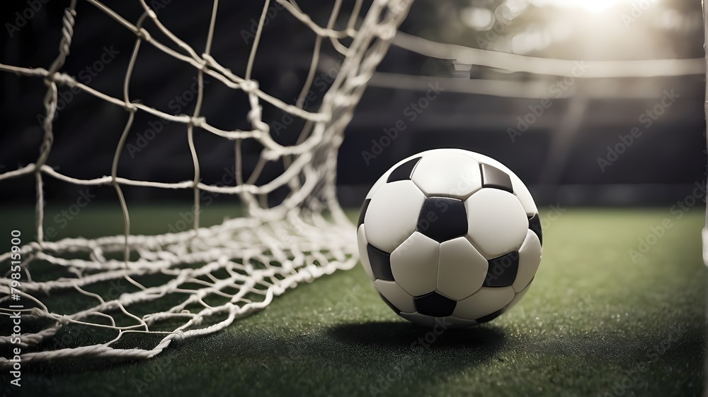A monochrome white soccer ball is trapped in the net, frozen in a moment of tension and anticipation. The intricate pattern of the netting is visible as it envelops the ball, highlighting the contrast - obrazy, fototapety, plakaty 