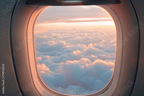 Morning Tranquility: High Nature View with Vibrant Sky Colors and White Clouds through Plane Window