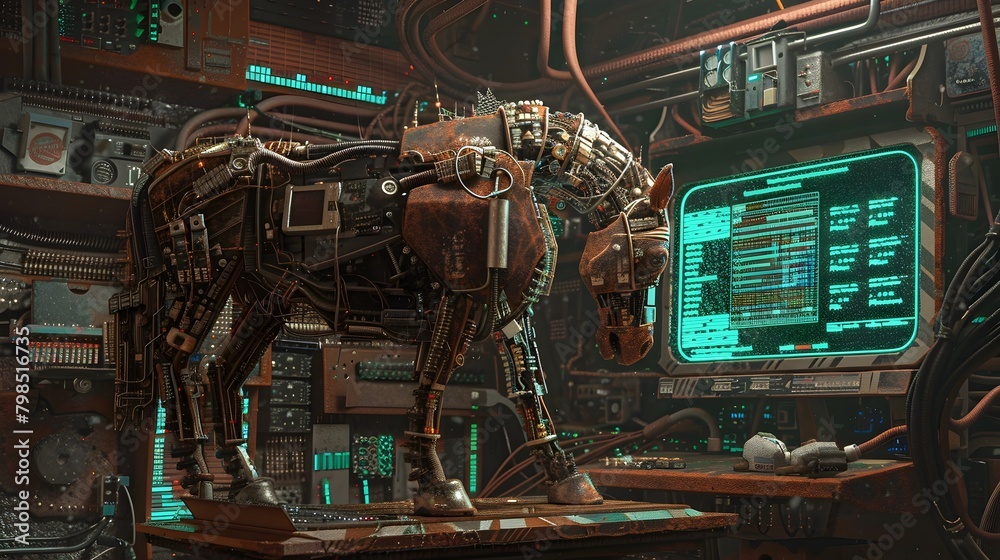 Fototapeta premium Cyber Threat Within Rusted Mechanical Trojan Horse Compromises Network Security in Retrofuturistic PC Landscape