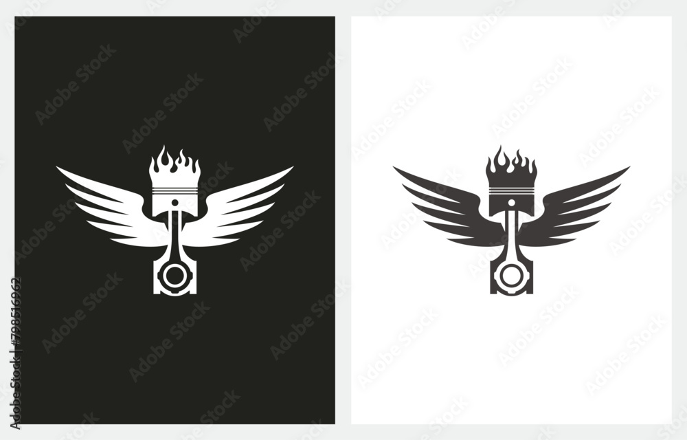 Obraz premium Piston Flame and Wings Silhouette Motorcycle logo design icon vector