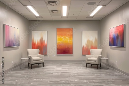 Empty Office Spaces  Soft Lighting  Luxury Armchairs  Abstract Art