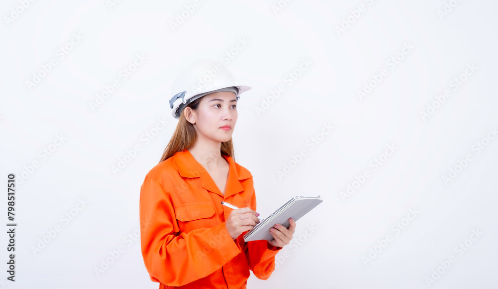 happy woman engineer worker working with digital tablet on white background. happy woman engineer worker working with digital tablet on white background.