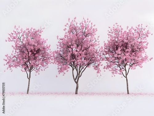 Enchanting Sakura Trees in Bloom Against White Background