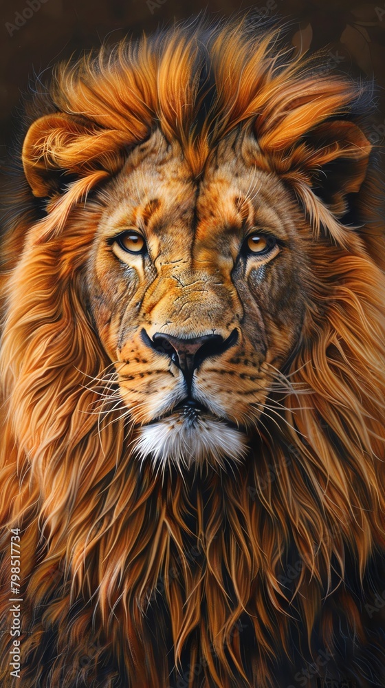 Fototapeta premium Captivate your audience with a photorealistic frontal view of a majestic lion in a detailed oil painting style Showcasing every intricate feature and expression of the king of the jungle
