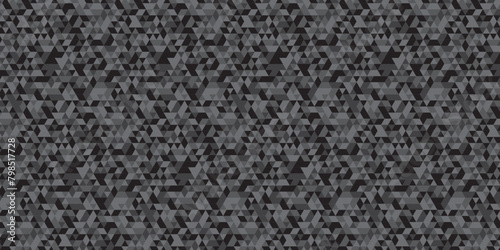 Abstract geometric black and gray background seamless mosaic and low polygon triangle texture wallpaper. Triangle shape retro wall grid pattern geometric ornament tile vector square element.