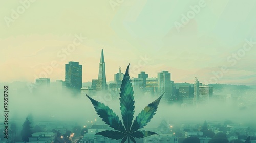 san francisco illustration, cannabis pot weed culture vibe, outlined cannabis leaf, 16:9 photo