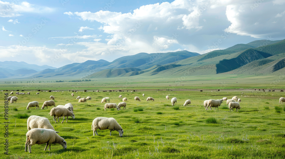 On a wide grassland, a flock of white sheep are grazing leisurely