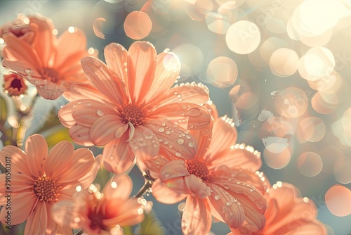 Vintage Peach Flowers in Spring Sunlight: Dew-Kissed Blooms in Bokeh Backdrop