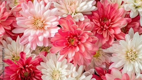 There are many flowers in the image. They are mostly pink and white. The flowers are arranged in a circular pattern.