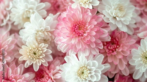 There are many flowers in the image. They are mostly pink and white. The flowers are arranged in a circular pattern.