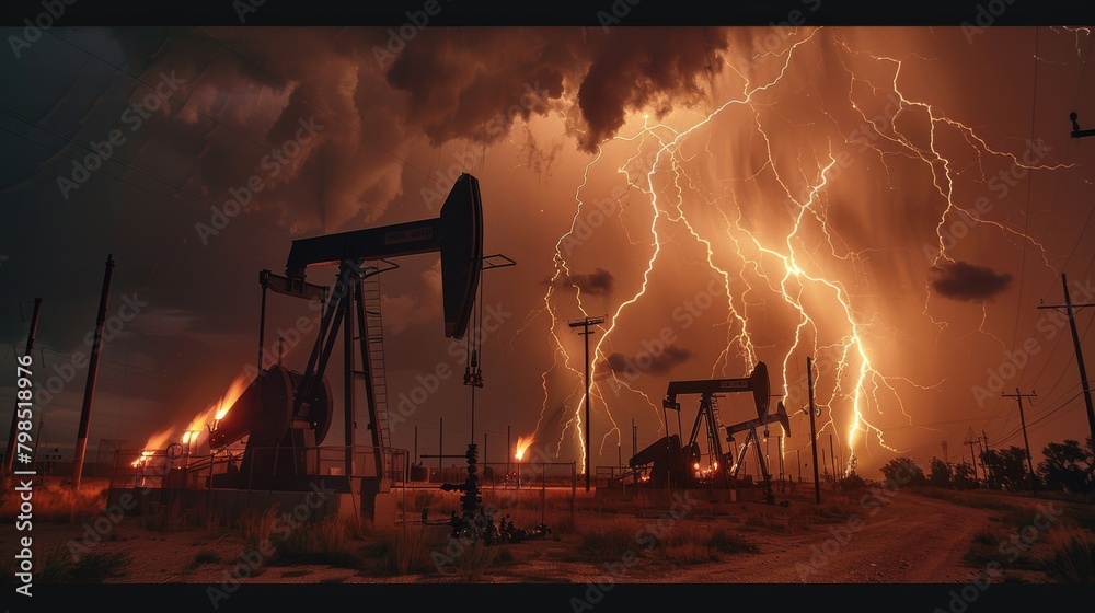 Intense Lightning Storm Over Oil Fields: Dramatic Scene of Lightning Striking Oil Fields - Nature Photography Concept
