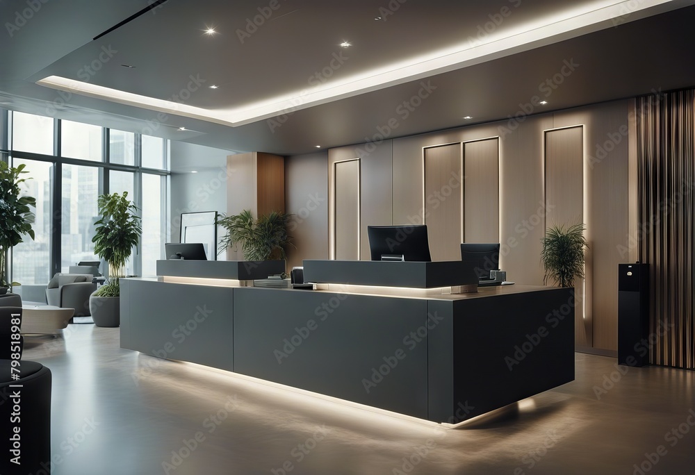 desk two business computers reception interior hallway Grey company