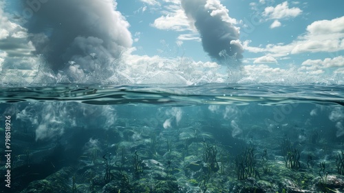 Acid Rain Pummeling Ocean Surface with Rising Steam - Environmental Impact Visualization