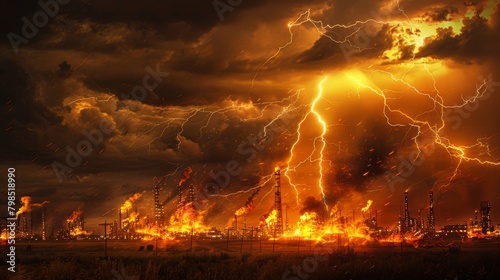 Intense Lightning Storm Over Oil Fields: Dramatic Scene of Lightning Striking Oil Fields - Nature Photography Concept photo
