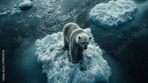 Polar Bears on Thinning Ice: Lone Polar Bear Stranded on Small Fragment of Thin Ice in Arctic, Surrounded by Open Water - Wildlife Photography Concept