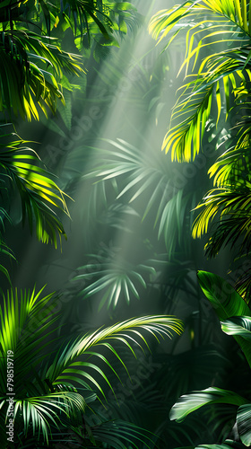Exotic tropical greenery with palm and banana leaves on a Bali style template background  perfect for vacation and travel-related designs.