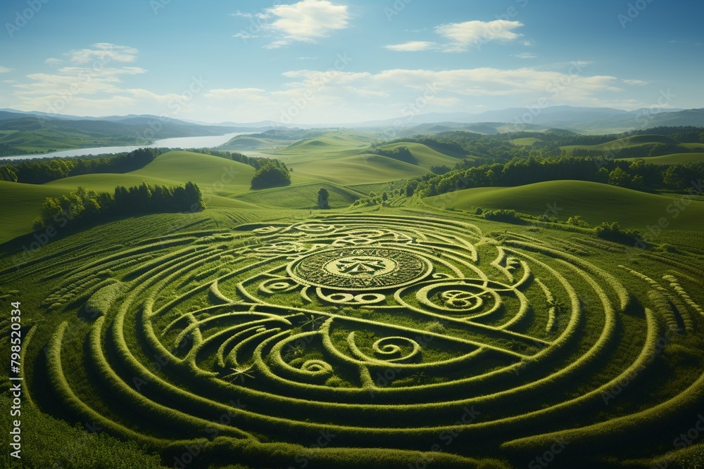 Aerial view of a crop circle in a lush green field, intricate patterns suggesting supernatural or alien origins, clear summer day Aerial view of a crop circle in a lush green field, intricate patterns suggesting supernatural or alien origins, clear summer day