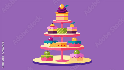 A colorful array of macarons and petit fours perfectly displayed on a threetiered stand resembling a magical tower straight out of a fairy