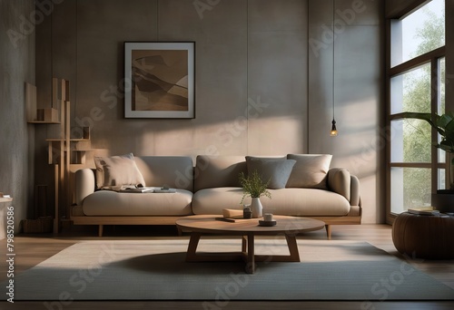 room cozy window wall modern wooden style interior couch beige concrete living morning Japandi Elegant sunlight decor