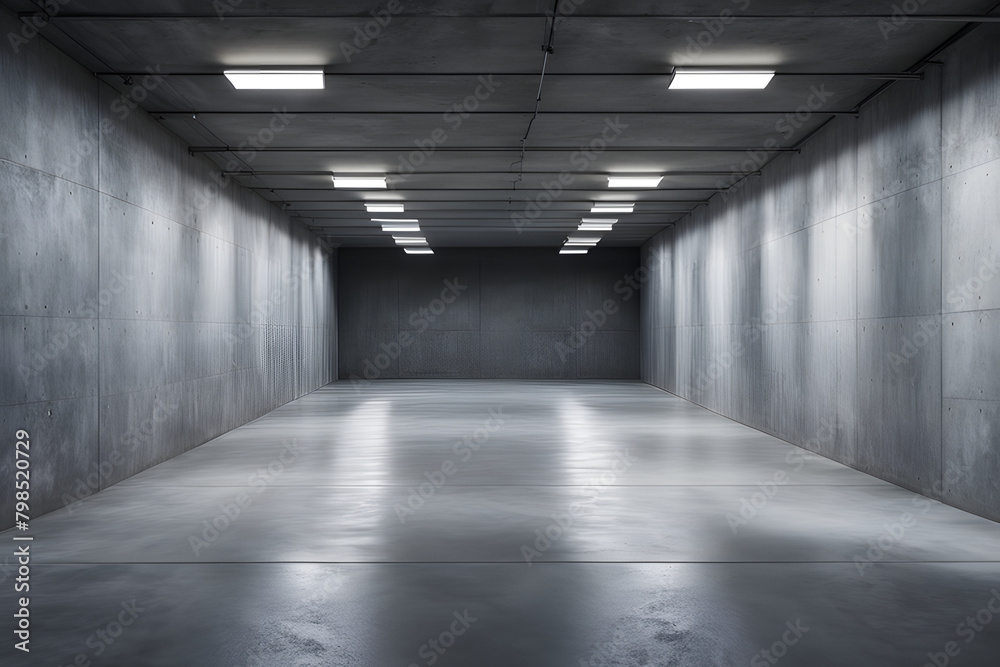 Empty underground garage with blank space and gray walls into modern minimalist environment 3d, revealing empty rooms and dust-covered floors