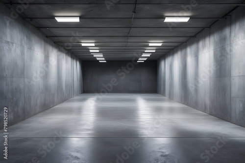 Empty underground garage with blank space and gray walls into modern minimalist environment 3d  revealing empty rooms and dust-covered floors