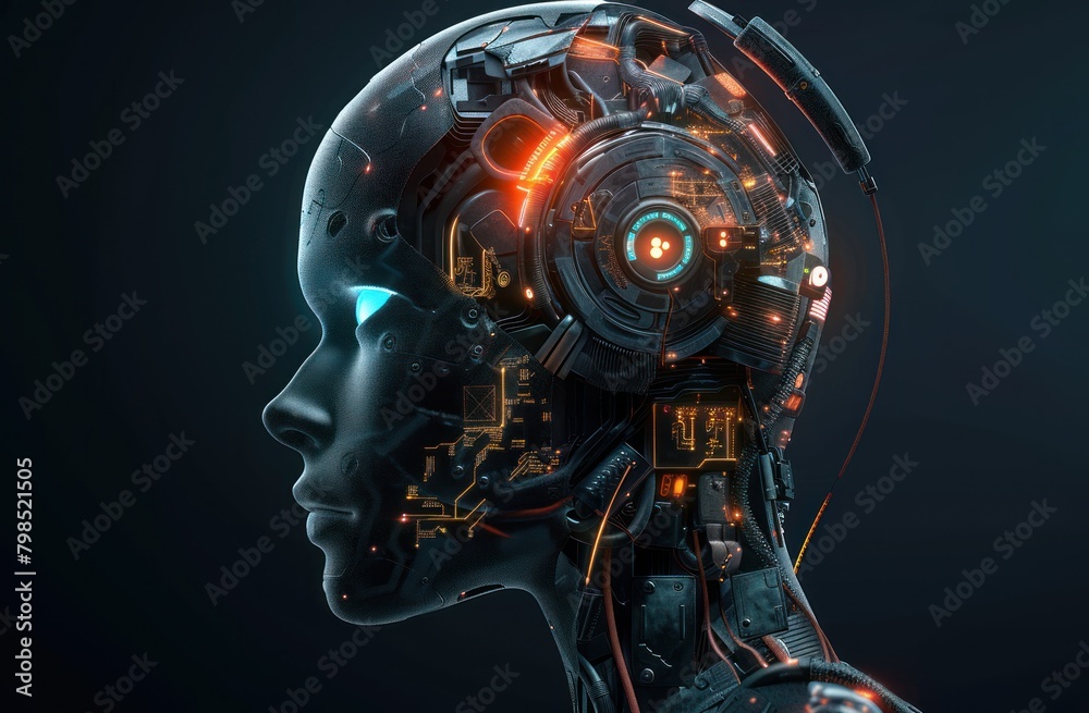 3D rendering. Robot wearing futuristic headphones. Artificial intelligence concept 3D rendering. Robot wearing futuristic headphones. Artificial intelligence concept