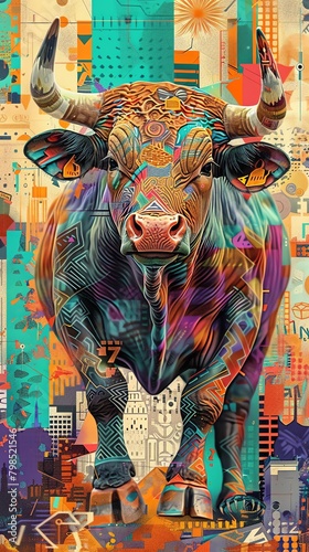 Portray the bull in a unique style with vibrant colors and intricate details showcasing the essence of a stock market surge from a low-angle perspective in a digital photorealistic rendering
