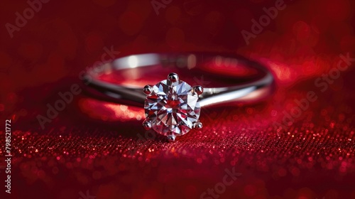 A ring with a platinum band and a gemstone on a red background