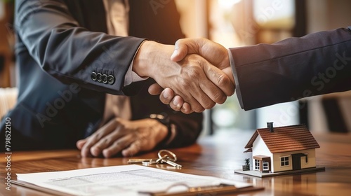 A real estate agent and a client are shaking hands over a house contract.