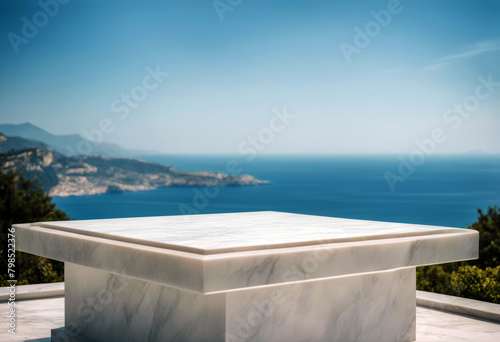 'blurry Portrait marble sea podium background White view empty poduim dais seaview presentation showcase display elegance ceremony racked surface' © sandra