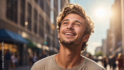 A happy young caucasian man looking up at the sky photo