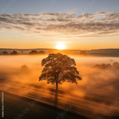 AERIAL Drone Shot of Morning Mist over Tranquil Farmland with Single Big Tree under Orange Sky at Sunrise stock photo