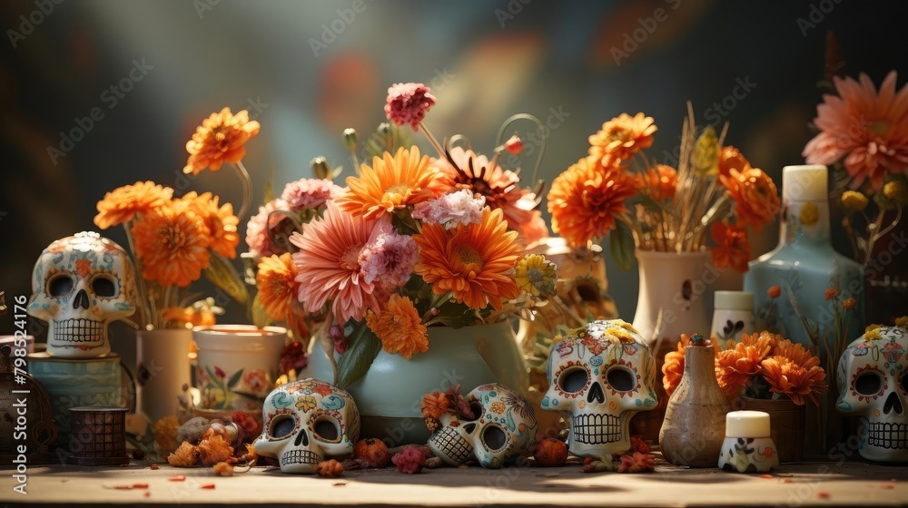 Obraz premium day of the dead background with floral ornaments and skulls for banners or posters