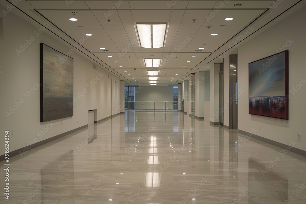 Empty Office Spaces: Soft Lighting, Shiny Surfaces, Contemporary Artworks