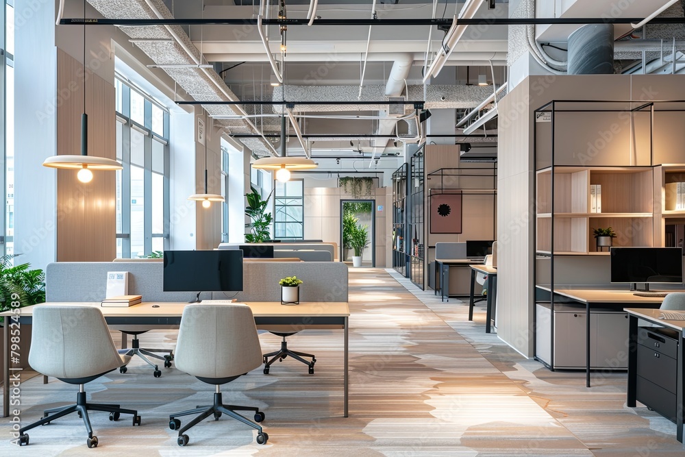 Transforming Corporate Spaces with Neutral Tones: Ergonomic Workstations and Smart Storage Solutions in Spacious, Well-lit Rooms.