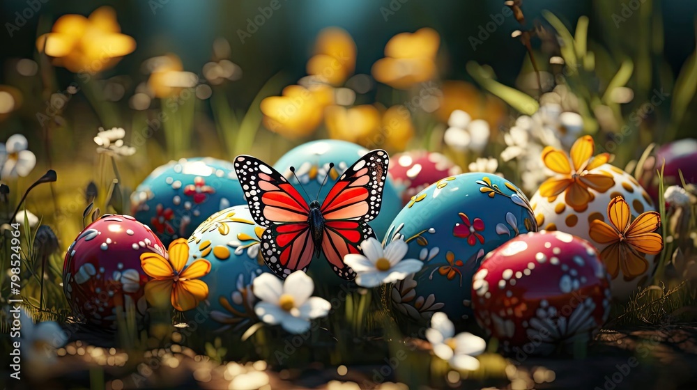 Easter day background with egg ornaments, butterflies and blurred background Easter day background with egg ornaments, butterflies and blurred background