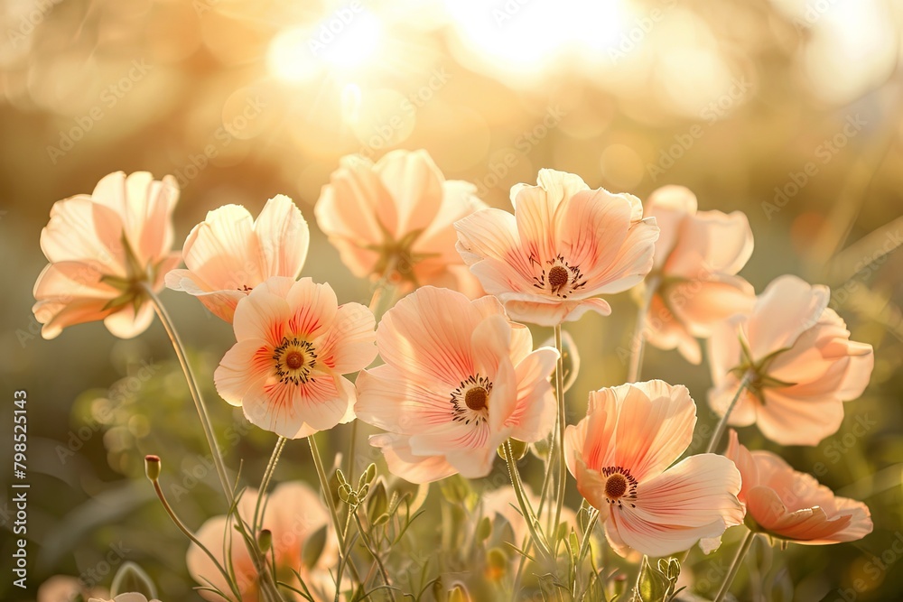 Peach-Colored Blooms: Vintage Spring Sunshine Field